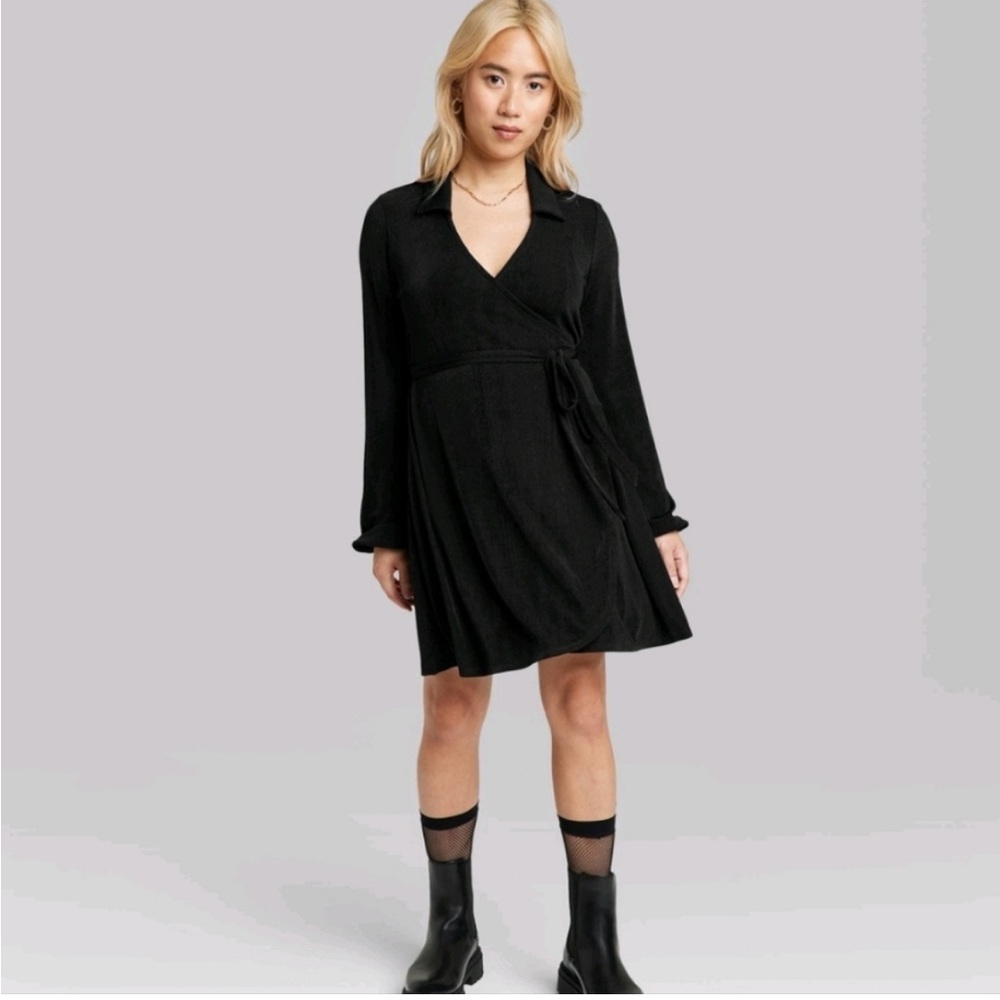 Women's Balloon Long Sleeve Wrap Dress - Wild Fable™ Black M